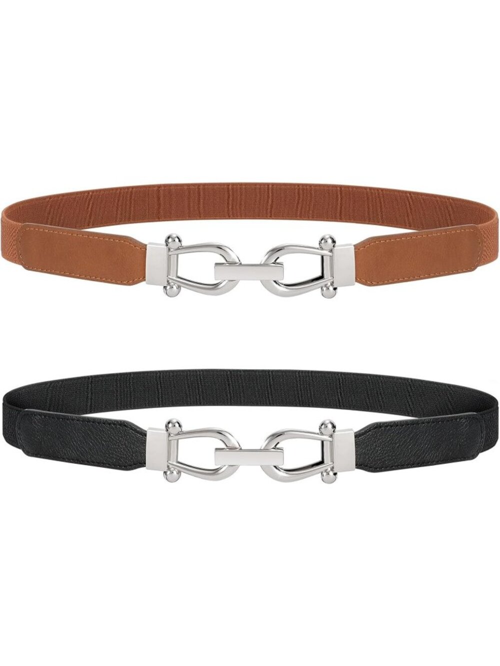 Women's Black Brown Retro Stretch Adjustable Belt 2-Pcs With Silver Buckle